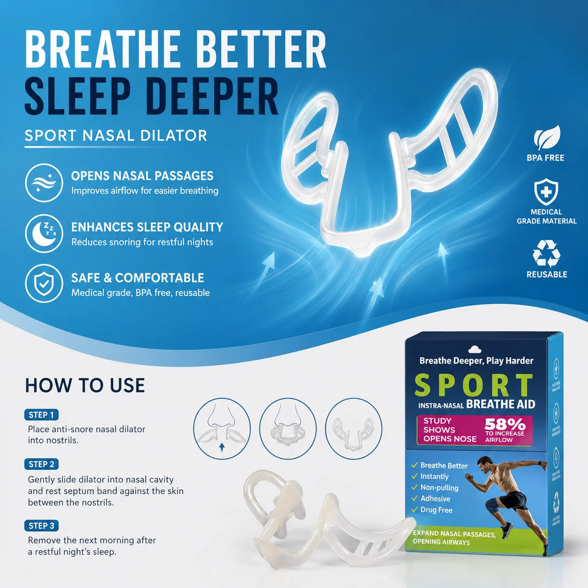 Dilatador Nasal Anti Ronquidos, Clip Nasal de Silicona para Deportes, Facilita la Respiración, Dispositivo para Dejar de Roncar, Mejora el Sueño